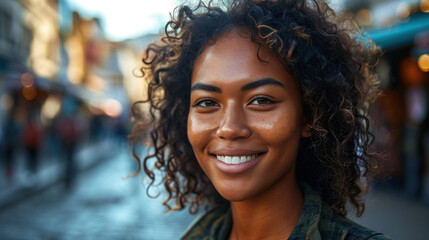 Conceptual portrait of an African American woman against a cityscape, reflecting her personality and style of urban life