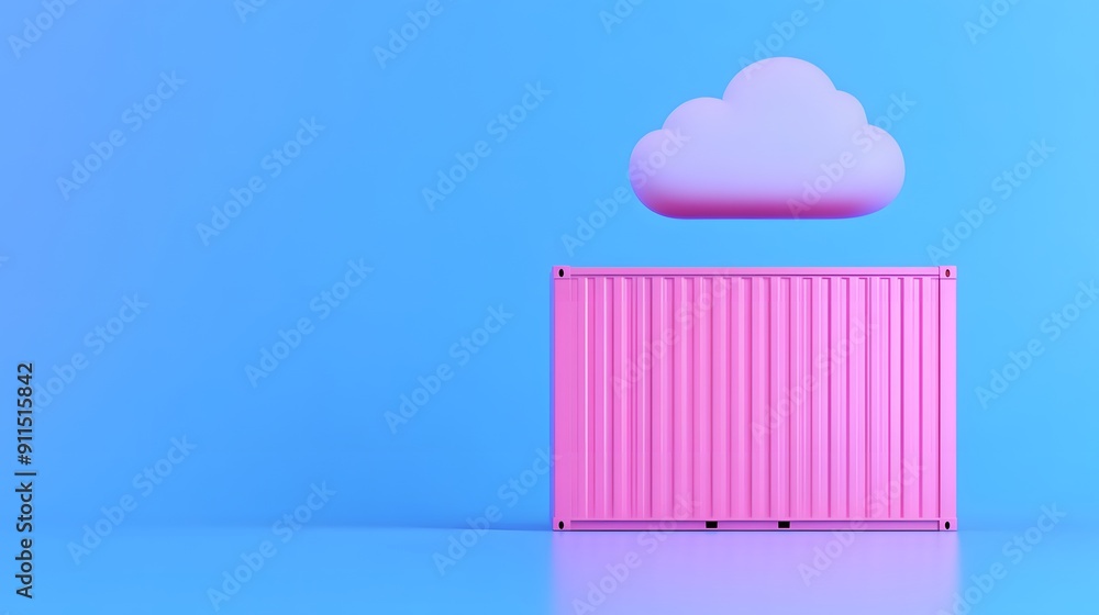 Poster pink shipping container with a cloud above on a blue background, symbolizing cloud computing and sto