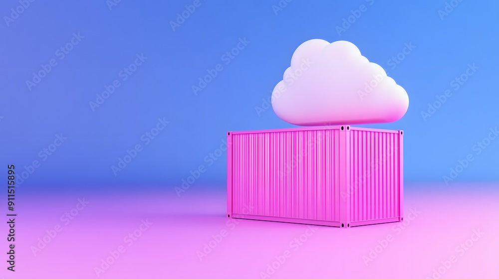 Poster pink shipping container with a cloud floating above in a minimalistic, colorful setting against a bl