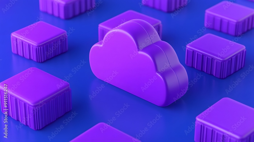 Poster purple cloud and blocks on blue background symbolizing cloud computing and technology. perfect for t