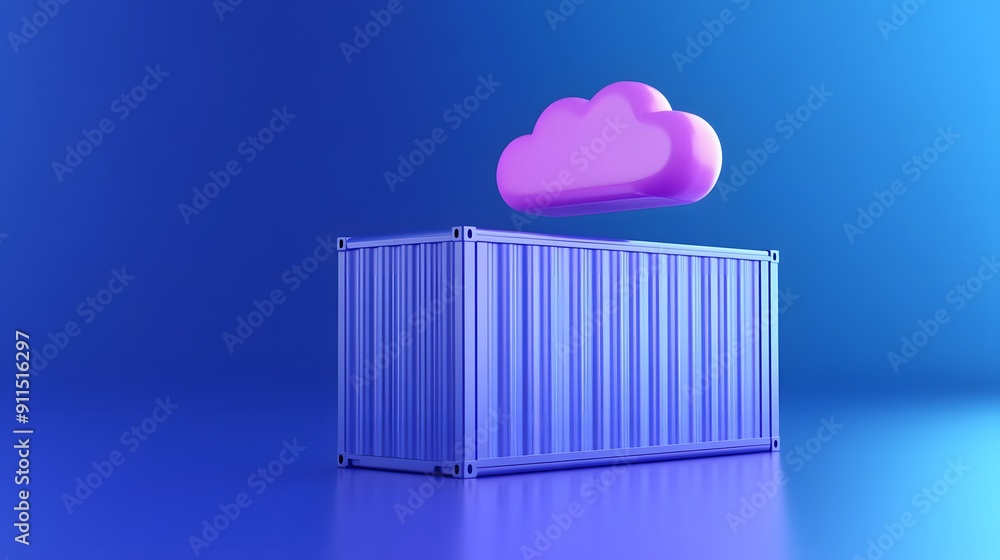 Poster purple shipping container with a pink cloud above it on a blue background representing cloud computi