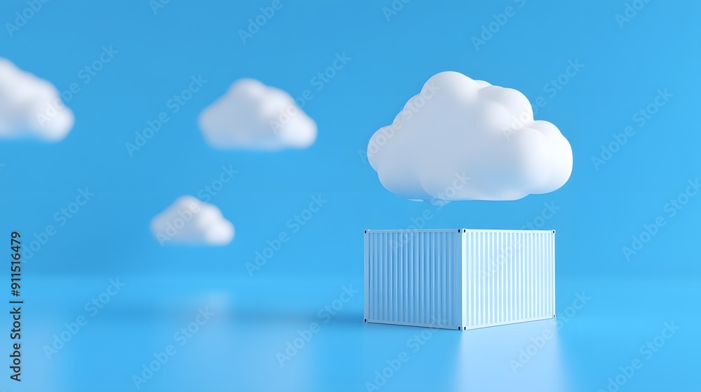 Poster shipping container surrounded by clouds against a blue background, symbolizing cloud computing and l
