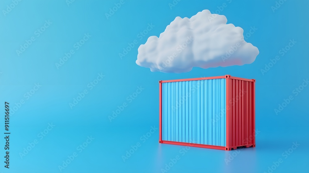 Poster simple abstract image of a red shipping container and a white cloud on a blue background, representi