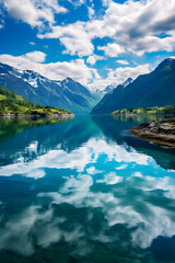 Serene Solitude: Breath Taking Picturesque Scene of Turquoise Fjord Embraced by Snow-Dusted Mountains