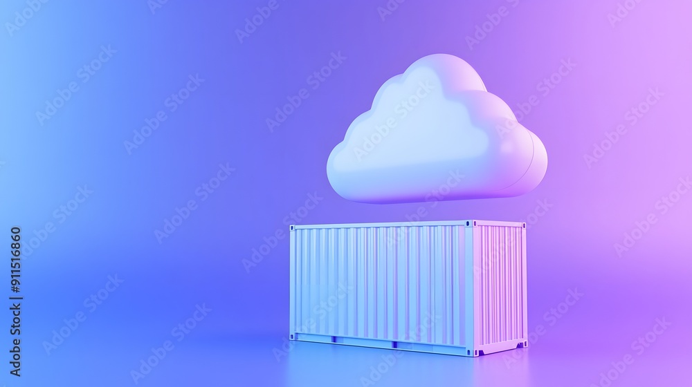 Poster stylized image of white cloud above a cargo container, symbolizing cloud computing and data storage,