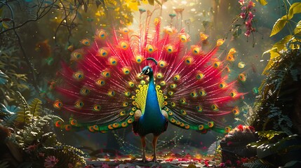 stunning peacock in green garden , peacock showing off its tail , peacock feathers , colorful peacock