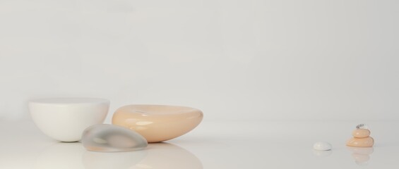 Three white and pantone peach fuzz color podiums for health care and beauty products with copy space. White abstract background, 3D rendering of modern light backdrop for beauty industry