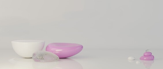 Three white podiums for health care and beauty products with copy space. White and pink abstract background, 3D rendering of modern light backdrop for beauty industry