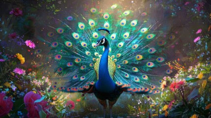 Obraz premium stunning peacock in green garden , peacock showing off its tail , peacock feathers , colorful peacock