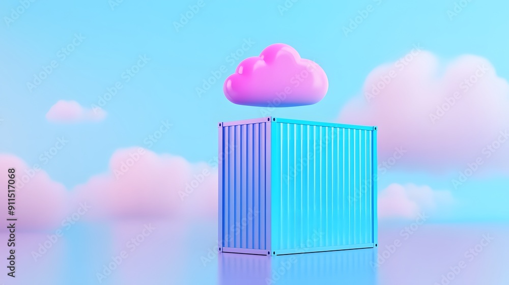 Poster surreal image of a blue shipping container under a pink cloud, symbolizing modern logistics and clou