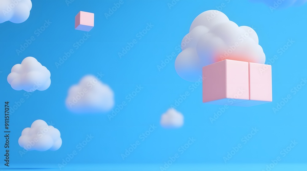 Poster surreal floating cloud boxes in a soft blue sky, creating a whimsical and imaginative atmosphere.