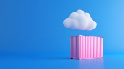 Surreal concept of a pink container under a white cloud against a blue background, blending industrial and whimsical elements.