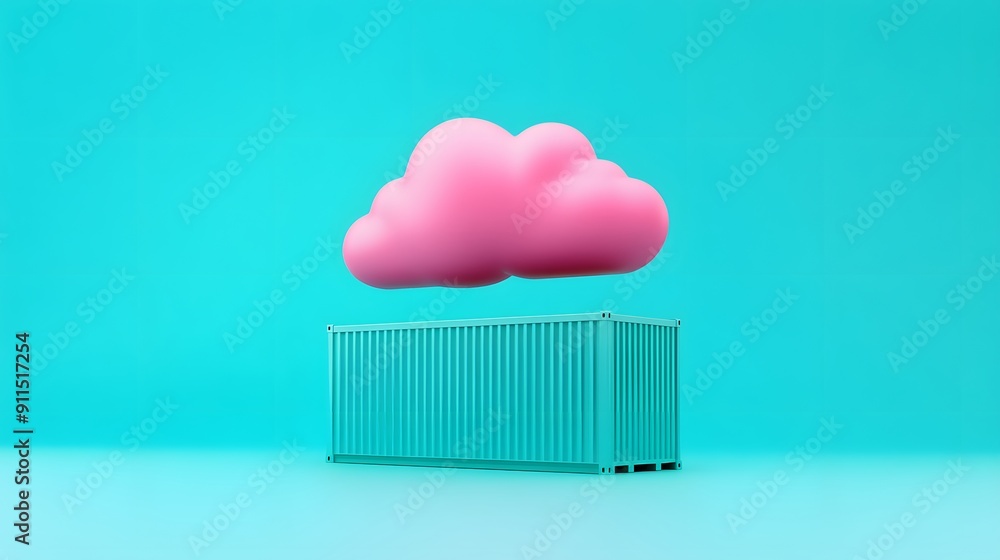 Poster surreal image of a pink cloud hovering above a teal shipping container on a turquoise background, sy