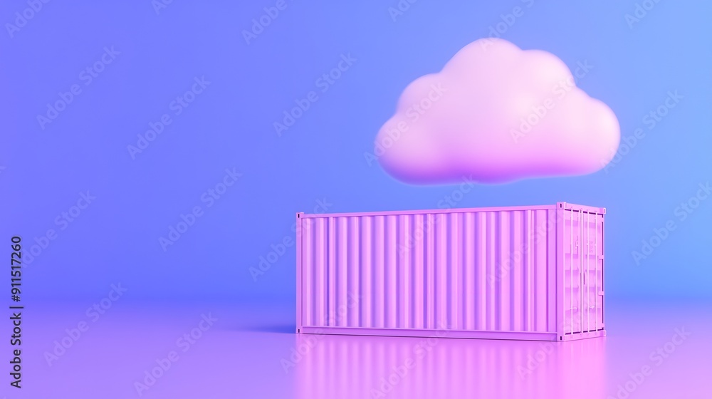Poster surreal image of a pink container with a fluffy cloud above it against a blue background, symbolizin