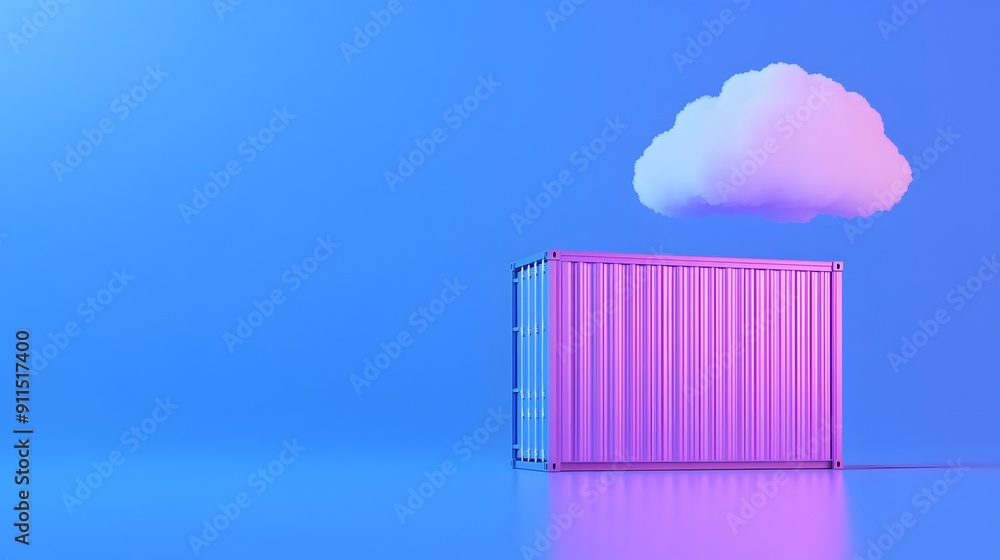 Poster surreal image of a pink shipping container under a floating white cloud on a blue background, symbol