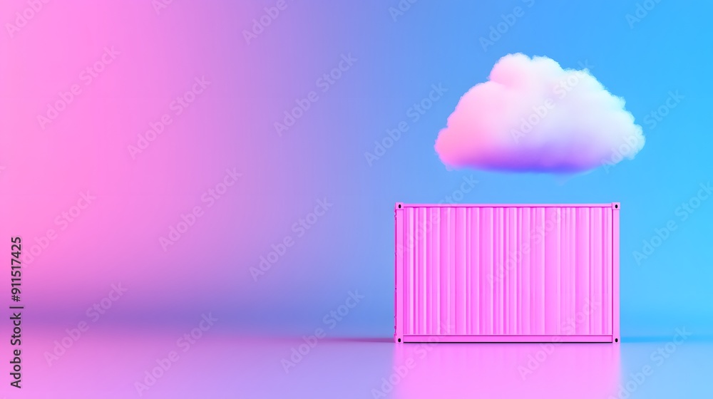 Poster surreal image of a pink shipping container with a fluffy cloud on top against a gradient blue and pi