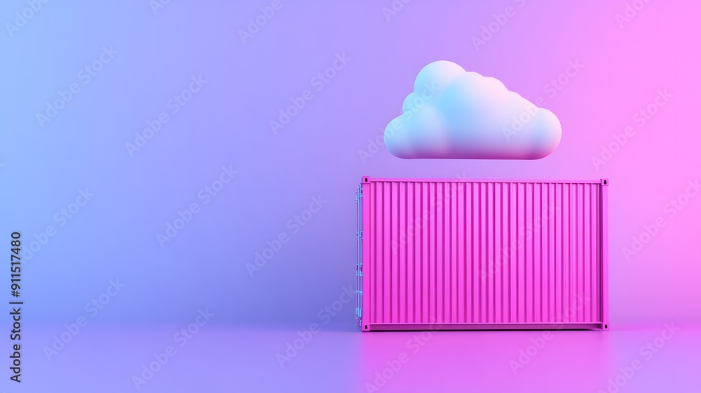 Poster surreal minimalistic scene with a pink shipping container and a single cloud on a gradient backgroun