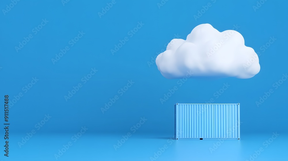 Poster surreal image of blue cargo container under a single white cloud on a bright blue background, repres