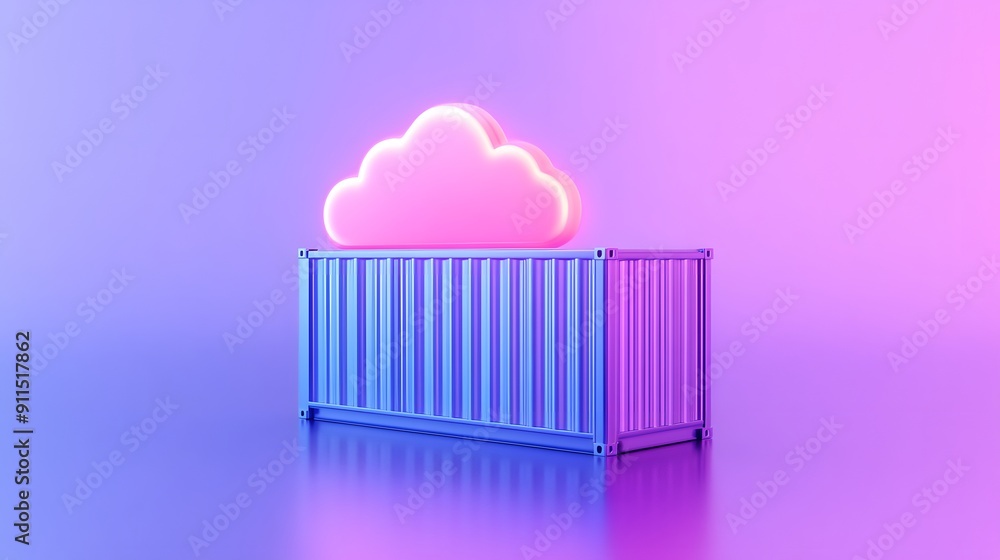 Poster vibrant cloud computing concept with neon pink cloud and blue container on gradient background, repr