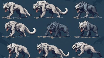 Sprite sheet featuring 32x32 pixel art werewolves in different attack and movement animations for a dungeon game.