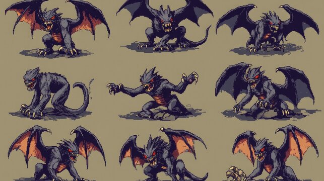 Sprite sheet featuring 32x32 pixel art gargoyles in different attack and idle poses for a dungeon game.