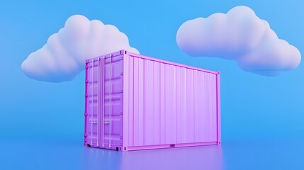 Obraz premium Vibrant purple shipping container in a surreal, whimsical setting with fluffy clouds against a bright blue sky.