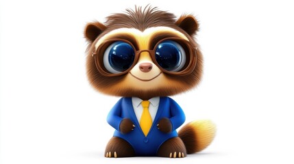 Obraz premium A cartoon bear wearing glasses and a blue suit with a tie
