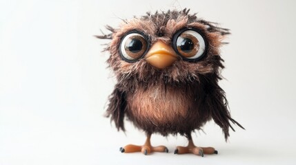 Happy rubber bird doll with big tired eyes, messy fluff, brown body, white background.
