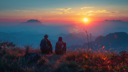 Couple Admiring Sunset Over Mountain Range