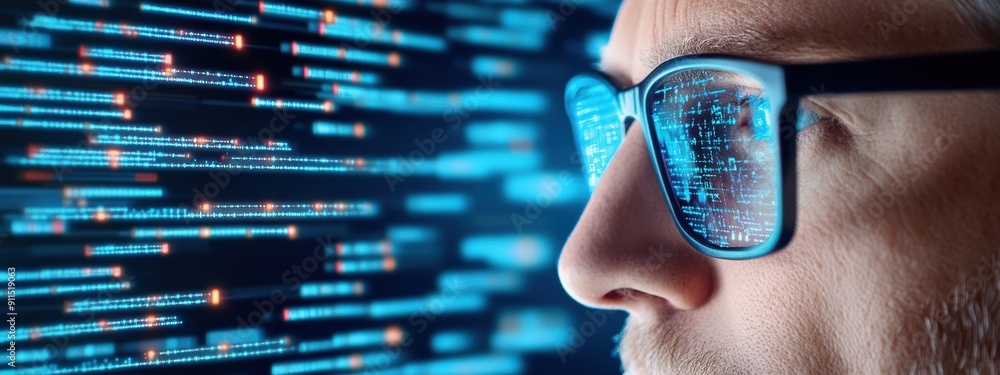 Poster strategy, ai technologist developing algorithm strategies, surrounded by digital interfaces, focused