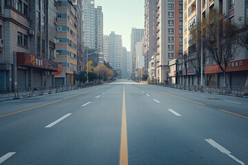 Obraz premium Empty city street with high rise buildings on a clear day