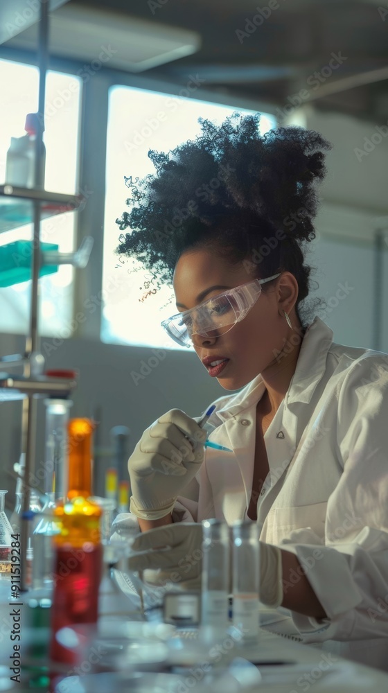 Poster afro-latino scientist conducting experiments in a laboratory setting.