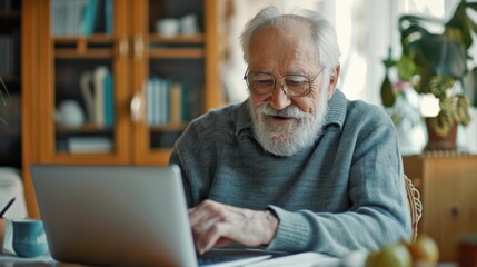 Obraz premium Elderly man video calling on a laptop, with a joyful expression in a well-lit room
