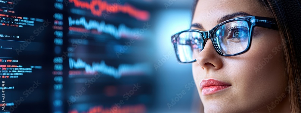 Poster strategy, businesswoman developing data-driven strategies, analyzing data on multiple screens, focus