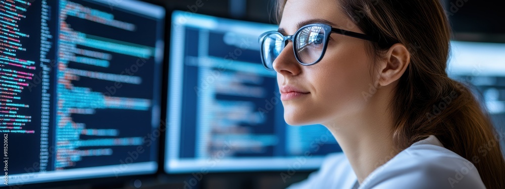 Poster strategy, businesswoman developing data-driven strategies, analyzing data on multiple screens, focus