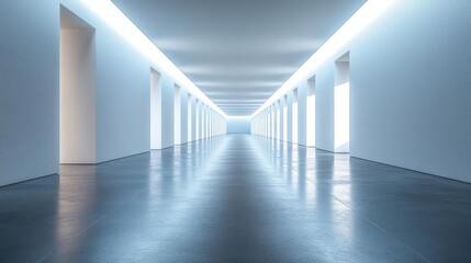 Fototapeta premium Long narrow corridor with blue walls and white line lighting leading to a hallway with multiple windows