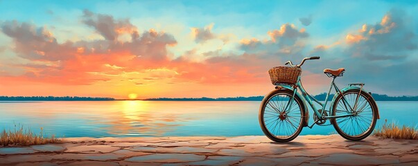Obraz premium Bicycle Sunset at the Lake.