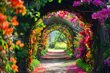 Obraz premium A colorful pathway winds through a vibrant floral tunnel in a blooming garden, creating a serene and enchanting atmosphere.