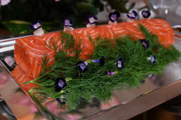 smoked salmon terrine with teriyaki sauce
  ,table setting with flowers