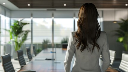 Obraz premium Business girl from behind in a conference room setting.