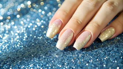 Close-up of a woman's hand with glittery nail polish resting on a textured background, ideal for beauty salons, nail studios, promotional materials highlighting elegant and understated manicure styles