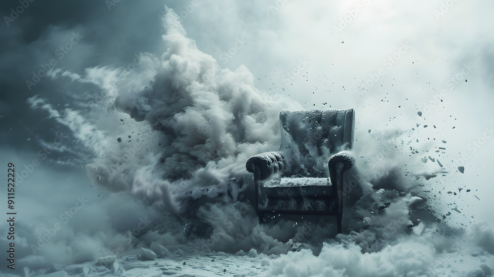 Poster an broken armchair exploding in the middle of fog. snow and ice