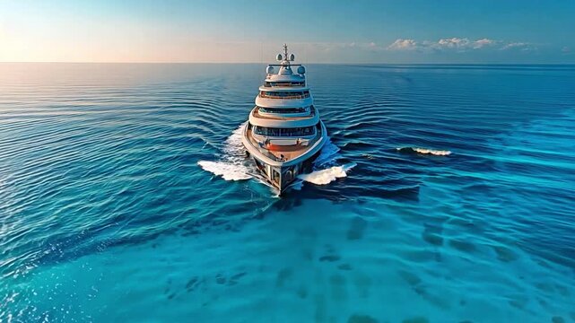 Aerial drone super wide panoramic photo with copy space of the latest technology modern mega yacht with hardwood deck and helipad, anchored in deep blue.