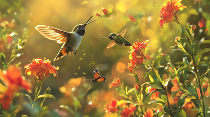 Include elements that show the interaction between plants and pollinators, such as bees, butterflies, and hummingbirds, highlighting the essential role of these creatures in plant reproduction