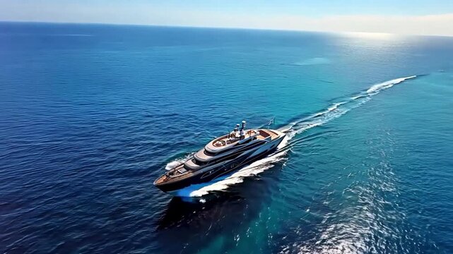 Aerial drone super wide panoramic photo with copy space of the latest technology modern mega yacht with hardwood deck and helipad, anchored in deep blue.