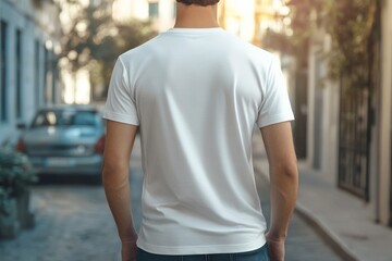 Fototapeta premium Close-up of a man from behind wearing a white t-shirt on the street