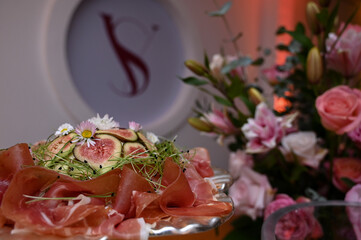 food in the restaurant, ham and cheese, table setting at a wedding reception, table setting at a...