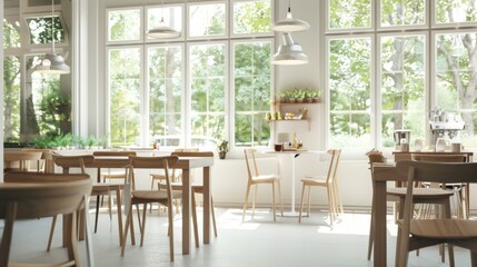 Fototapeta premium Sunlit Cafe Interior with Wooden Tables and Chairs