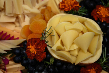cheese and wine,  table setting, cheeses and fruits, fresh grapes, cheeses, green grapes, ...