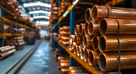 Stack of beryllium copper pipes neatly arranged in production warehouse, copper tubes are bundled together in industrial setting with similar copper hollow bars and other metal materials